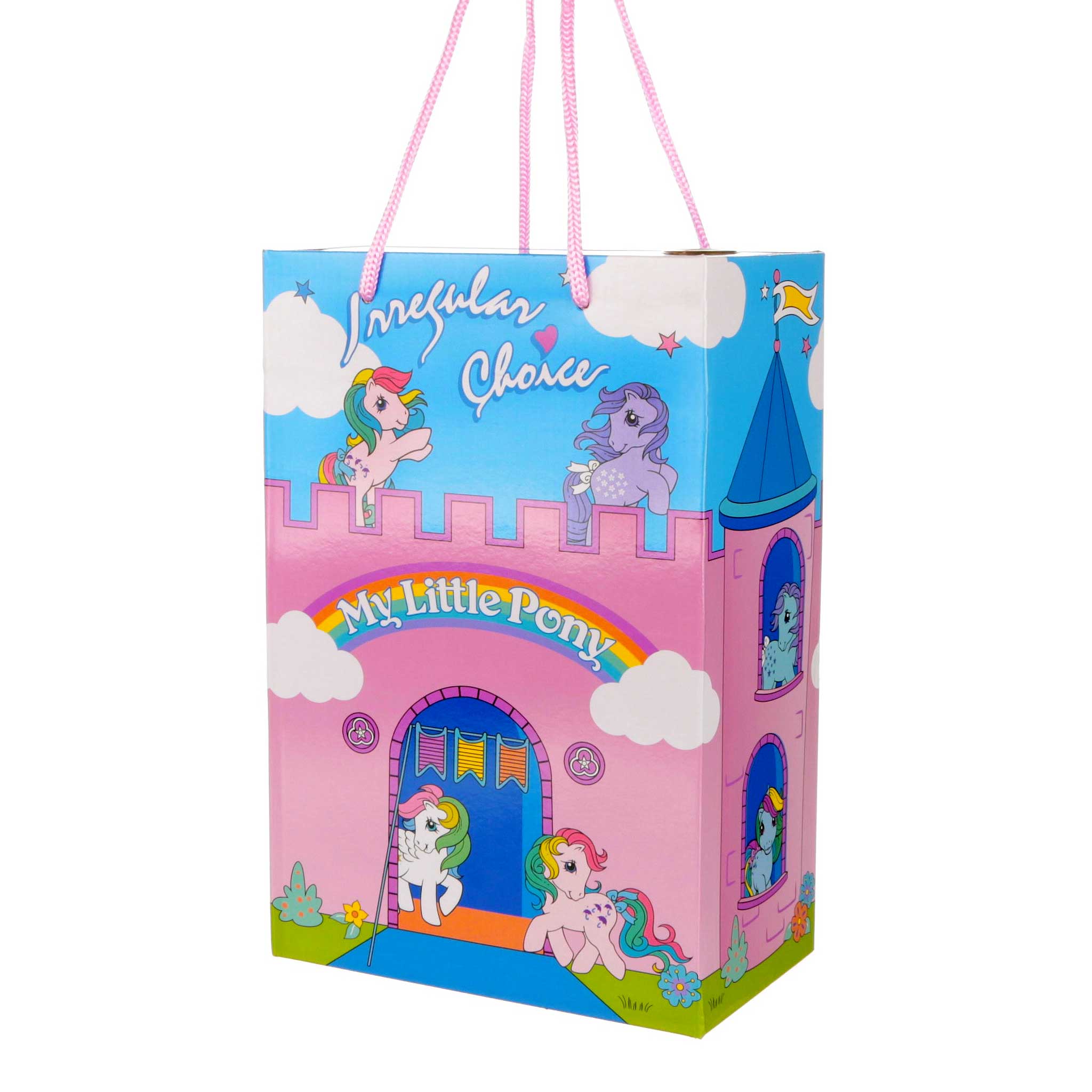 Shoe box with Irregular Choice and My Little Pony logo and pink Dream Castle design on the box.