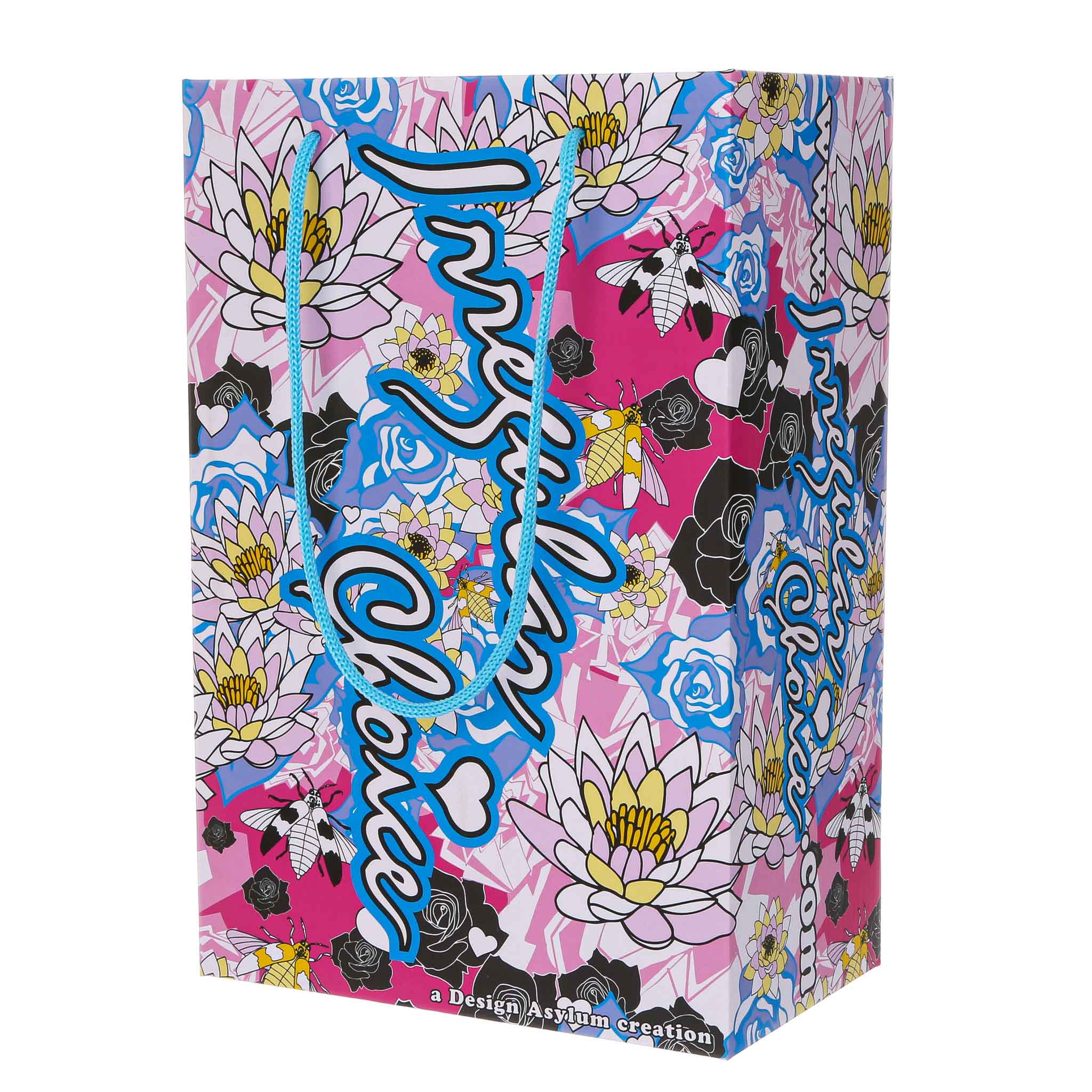 Shoe box design of stylised pink and blue flowers for Irregular Choice Iconic brand.