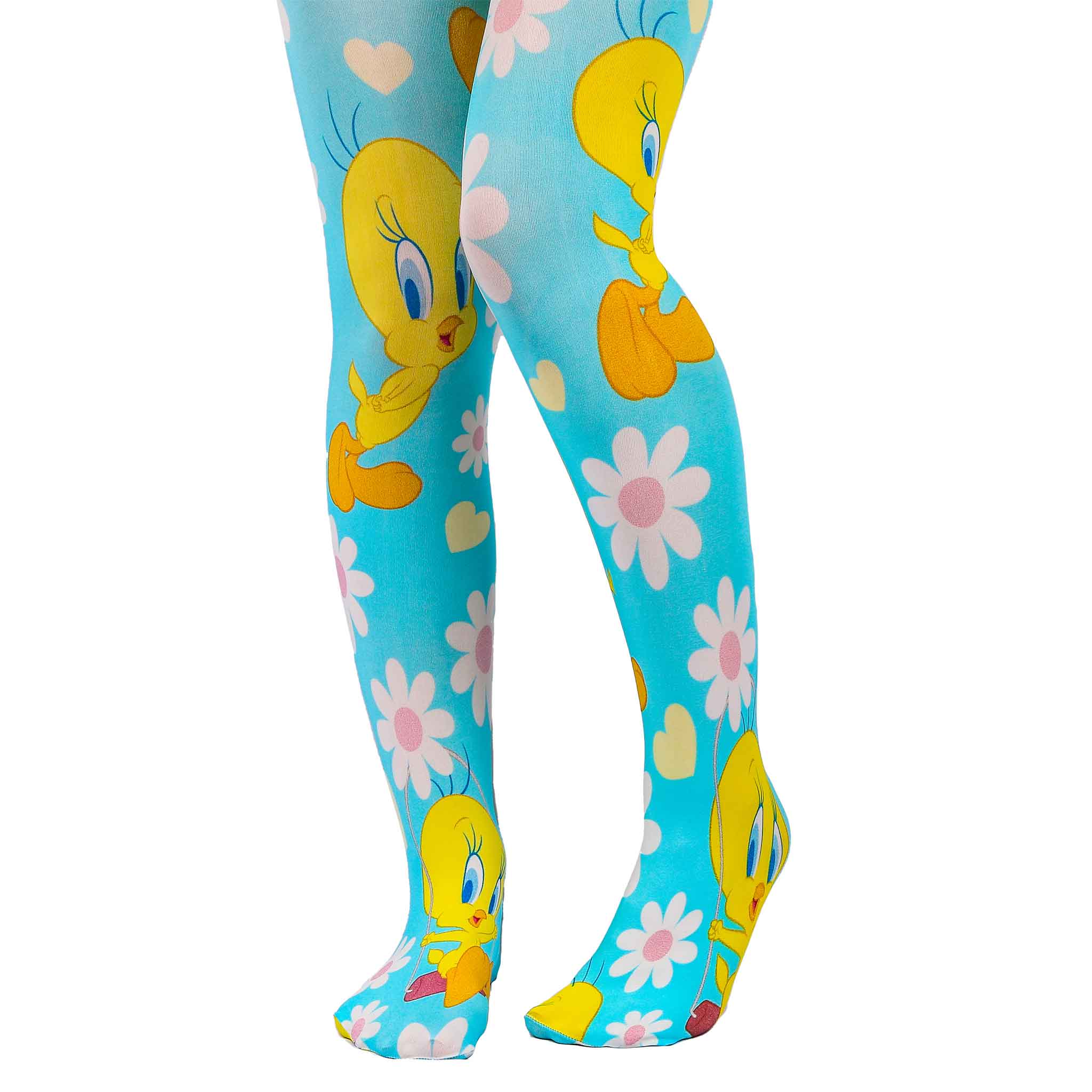 Bright blue tights with a repeat print of white and pink daisy flowers, light yellow hearts and Tweety Bird across them.